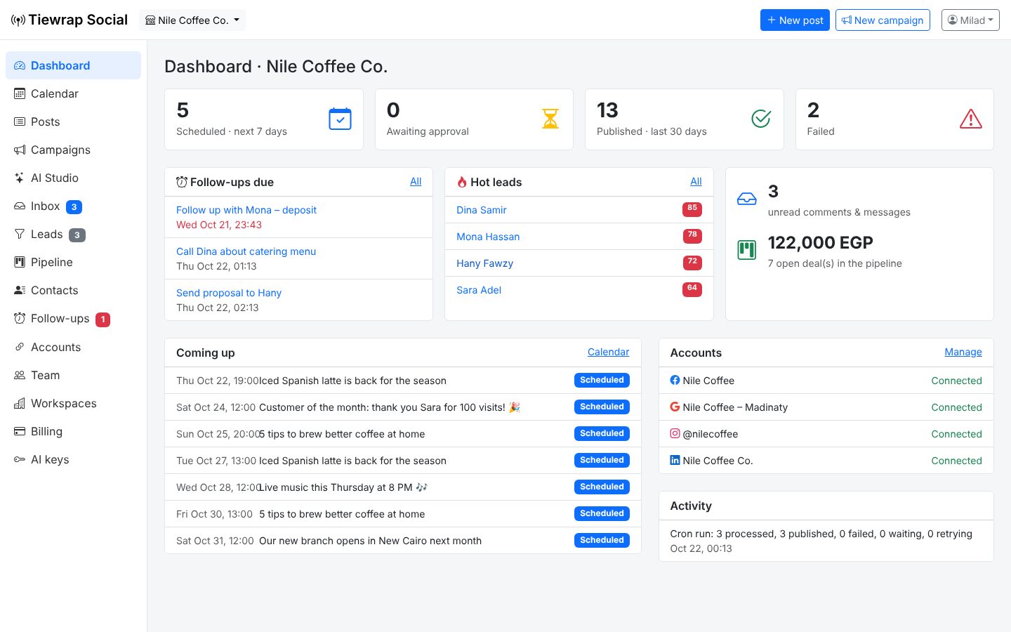 Tiewrap Social dashboard